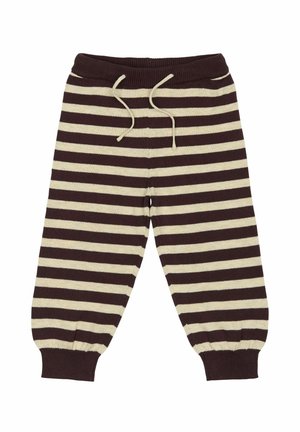 Braun- und cremefarbene gestreifte Hose mit geripptem Bund und Bündchen. Verfügt über einen Kordelzug und ein entspanntes, schmal zulaufendes Bein.
