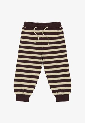 Pantalon rayé marron et crème avec une taille et des poignets côtelés. Comprend un cordon de serrage et un design de jambe décontractée et fuselée.