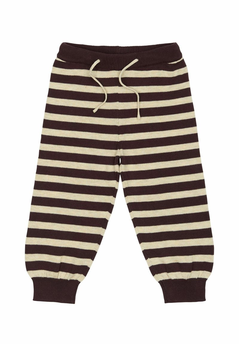 Braun- und cremefarbene gestreifte Hose mit geripptem Bund und Bündchen. Verfügt über einen Kordelzug und ein entspanntes, schmal zulaufendes Bein.