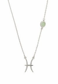 Silver chain necklace features a "Pisces" symbol pendant with crystal accents and a light green round stone.