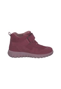 Scarpe alte bordeaux realizzate in morbido tessuto e camoscio, dotate di una fascia in velcro, lati in rete e una suola in gomma spessa per una migliore aderenza.
