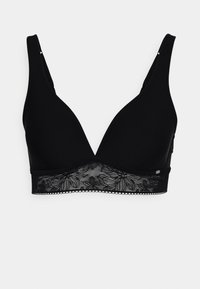 Black bra with a triangle shape, adjustable straps, and a lace underband featuring floral patterns. Smooth fabric with a soft texture.