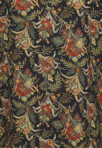 Floral fabric featuring intricate embroidery in red, green, and yellow on a dark background. Contains varied flower and leaf designs.