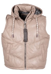 Beige leren vest met een capuchon, ritssluiting, zijzakken en decoratieve trekkoorden. Getextureerd oppervlak met doorgestikte details.