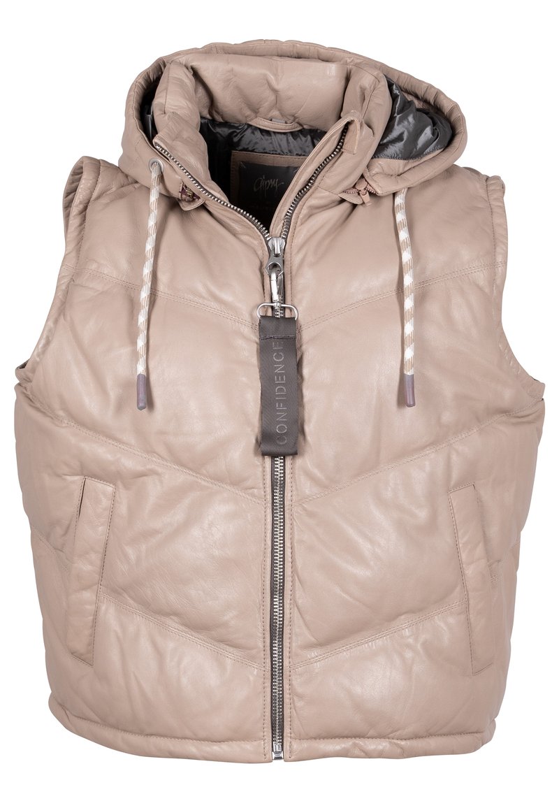 Beige leren vest met een capuchon, ritssluiting, zijzakken en decoratieve trekkoorden. Getextureerd oppervlak met doorgestikte details.