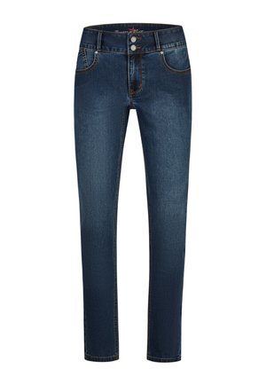 Dunkelblaue Slim-Fit-Jeans mit zwei Fronttaschen, Gürtelschlaufen und Doppelknopfverschluss auf weißem Hintergrund.
