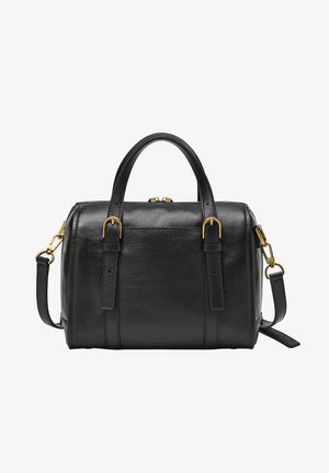 Sac à main en cuir noir avec une forme structurée, accents en matériel doré, double anses supérieures et une bandoulière amovible. Surface texturée.