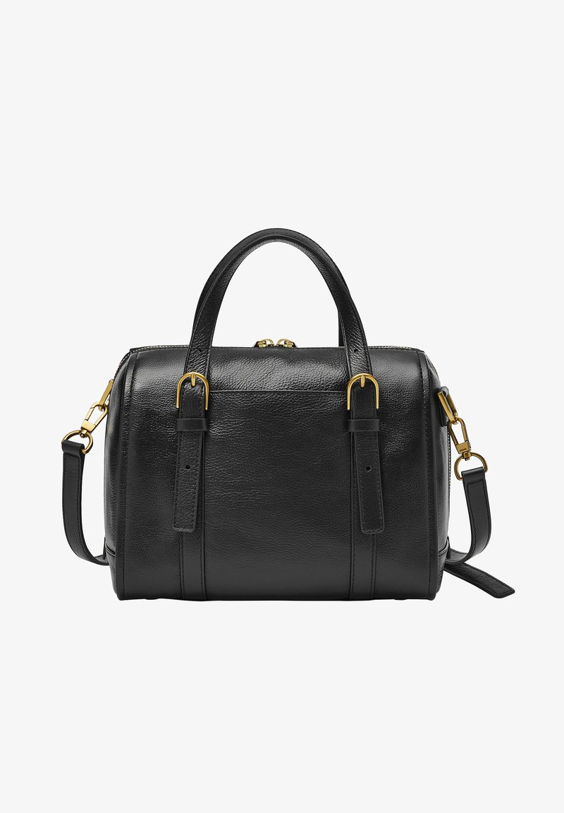 Schwarze Ledertasche mit strukturierter Form, goldenen Hardware-Elementen, zwei oberen Griffen und einem abnehmbaren Schulterriemen. Texturierte Oberfläche.