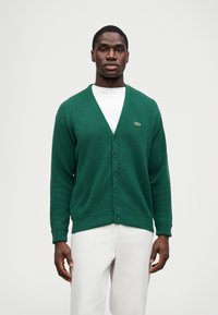 Πράσινο πλεκτό καλοκαίρι με V-λαιμό, διαθέτει έξι κουμπιά και μια διακριτική λογότυπη εκτύπωση στο αριστερό στήθος. Φοριέται πάνω από ένα λευκό T-shirt.