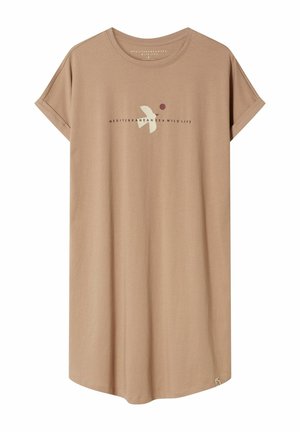 Beige short-sleeve dress with rolled cuffs, bird and sun graphic, and "Mediterranean Sea Wildlife" text across the chest.