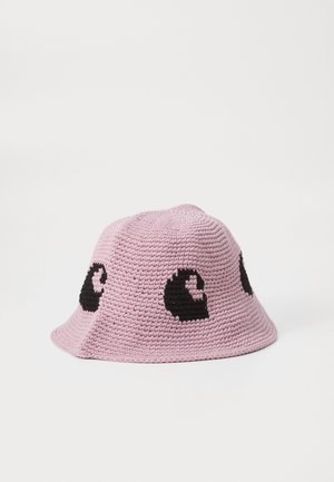 Pink crochet bucket hat with black wave-pattern accents. Soft texture, rounded shape, and wide brim enhance casual style.