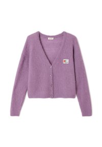 Lila gebreide cardigan met een v-hals, lange mouwen en vijf knopen. Beschikt over een klein, kleurrijk merkembleem aan de linkerkant.