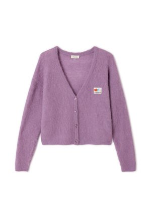Lilac knitted cardigan with a v-neck, long sleeves, and five buttons. Features a small, colorful brand patch on the left side.