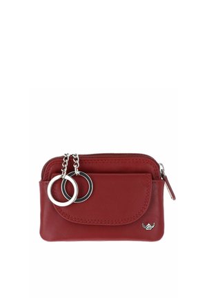 Petit porte-monnaie en cuir rouge avec poche à rabat frontale, fermeture éclair et deux anneaux de clés argentés fixés sur des chaînes.