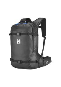Czarny plecak turystyczny z regulowanymi paskami, wieloma komorami i teksturowanym materiałem. Posiada wyraźne logo i niebieskie akcenty.