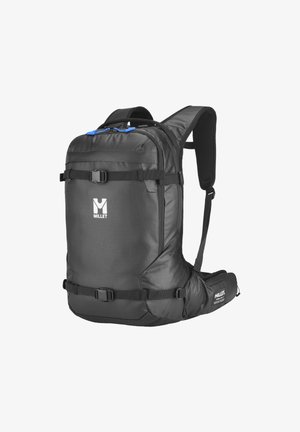 Schwarzer Wanderrucksack mit verstellbaren Trägern, mehreren Fächern und einem strukturierten Stoff. Verfügt über ein auffälliges Logo und blaue Akzentdetails.