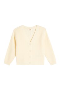 Cremfarbener, gerippter Cardigan mit V-Ausschnitt, langen Ärmeln und fünf Knopfverschlüssen auf der Vorderseite. Strukturierter Strickstoff.