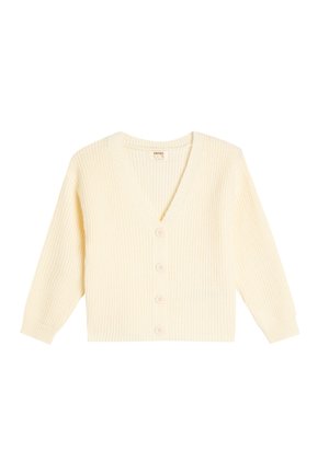 Cardigan a coste color crema con scollatura a V, maniche lunghe e cinque bottoni sul davanti. Tessuto in maglia strutturata.
