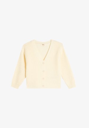 Cremfarbener, gerippter Cardigan mit V-Ausschnitt, langen Ärmeln und fünf Knopfverschlüssen auf der Vorderseite. Strukturierter Strickstoff.