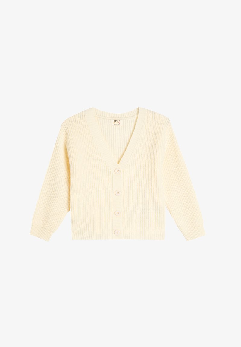 Cremfarbener, gerippter Cardigan mit V-Ausschnitt, langen Ärmeln und fünf Knopfverschlüssen auf der Vorderseite. Strukturierter Strickstoff.