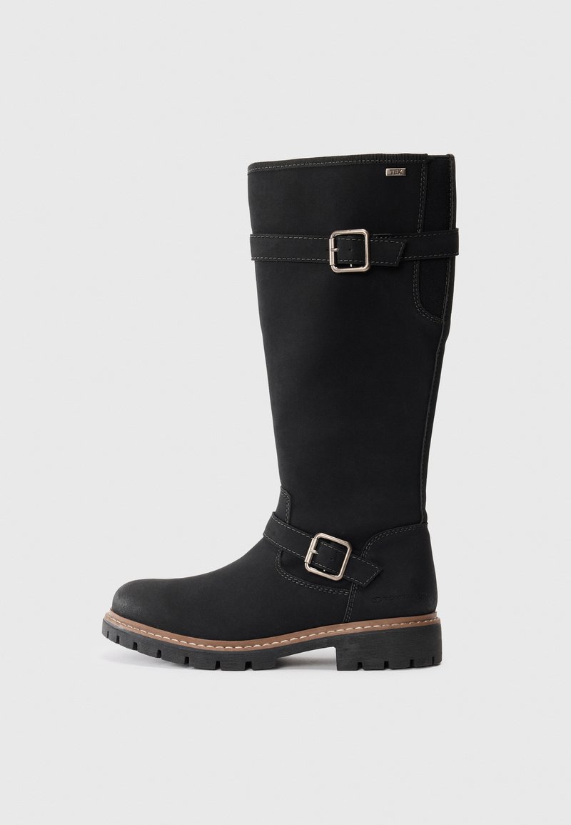 Schwarze kniehohe Stiefel aus glattem synthetischem Material, mit einer seitlichen Schnalle und dekorativen Nähten, sowie einer strukturierten Gummisohle.