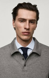 Grå polo skjorta med krage, med tre knappar. Bar över en blårandig skjorta och en mörk slips. Slät tygstruktur.