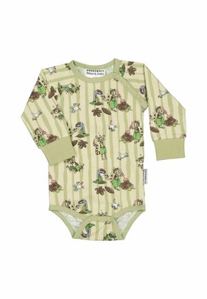 Langærmet beige babybodystocking med grønne ærmekanter og tegneserieillustrationer af kat, kylling og vandkande på stribet stof.