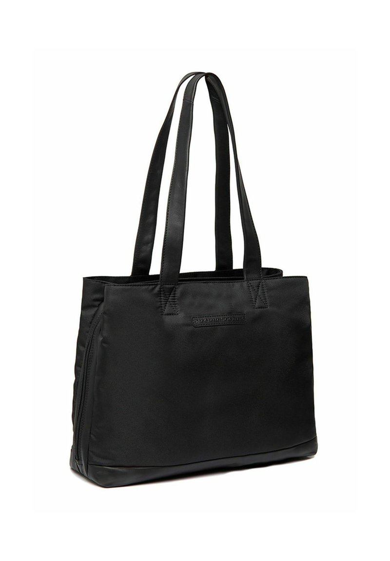 Sac fourre-tout noir en tissu lisse avec deux longues poignées, de forme rectangulaire et au design minimaliste, avec un petit logo à l'avant.