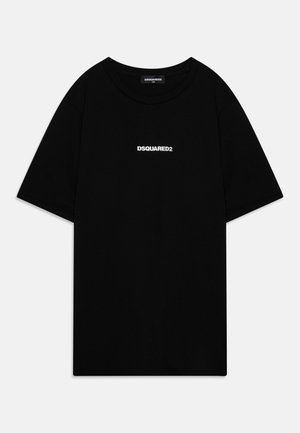 Must lühikeste varrukatega ümarselja T-särk, millel on rinna keskel valge "DSQUARED2" logo.