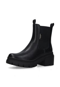 Schwarze Leder-Ankle-Boots mit elastischen Seiteneinsätzen, runder Zehenpartie, chunky Plateausohle und Zuglaschen an der Oberseite für ein einfaches An- und Ausziehen.