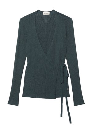 Pull cache-cœur en maille côtelée vert foncé à manches longues avec fermeture latérale à nouer, avec une petite étiquette logo près de l'ourlet.