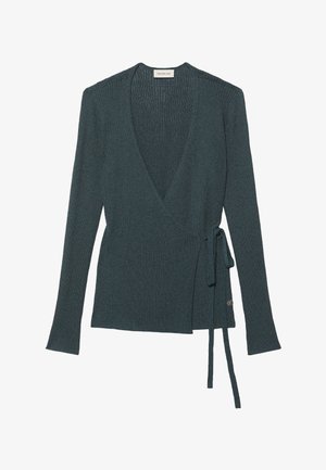 Donkergroene geribbelde gebreide wikkeltrui met lange mouwen en zijstriksluiting, met een klein logolabel bij de zoom.