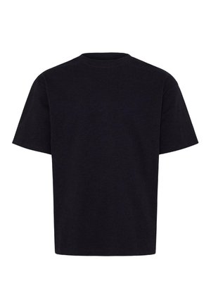 Enkelt svart kortermet bomulls-T-skjorte med rund hals, vist mot en hvit bakgrunn.