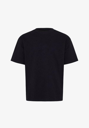 Enkelt svart kortermet bomulls-T-skjorte med rund hals, vist mot en hvit bakgrunn.