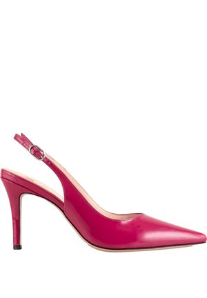 Escarpin slingback en cuir verni rose fluo avec un bout pointu, un talon haut fin et une bride ajustable à la cheville. Texture lisse sur toute la surface.