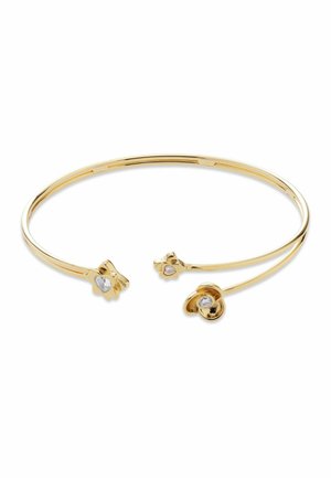 Goldener offener Armreif mit blumenförmigen Enden, die jeweils mit einem kleinen klaren Edelstein in der Mitte besetzt sind.
