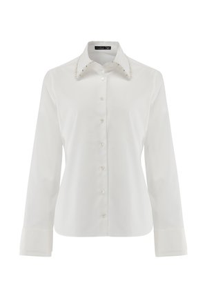 Weißes Hemd mit langen Ärmeln und strukturiertem Kragen. Mit Kristallverzierungen am Kragen und glatter Stofftextur.
