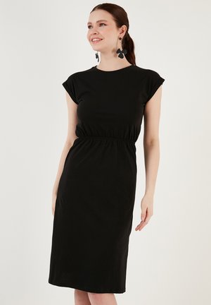 Black midi dress with short cap sleeves, elastic waistband, and a smooth texture, featuring a simple silhouette and knee-length cut.