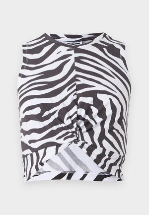 Zebra-patterned cropped tank top made of soft fabric, featuring a twist detail at the waist and a round neckline. Monochrome color scheme.