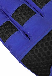 Close-up of a blue and black textured glove with breathable mesh fabric and reinforced blue stitched bands over the knuckles.