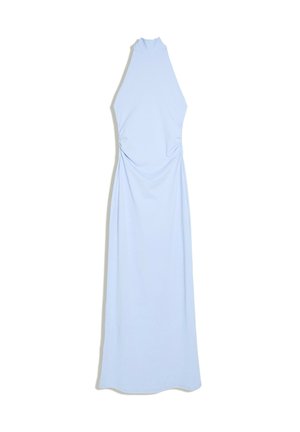 Light blue sleeveless long dress with halter neck and gathered detail at the waist, displayed on a white background.