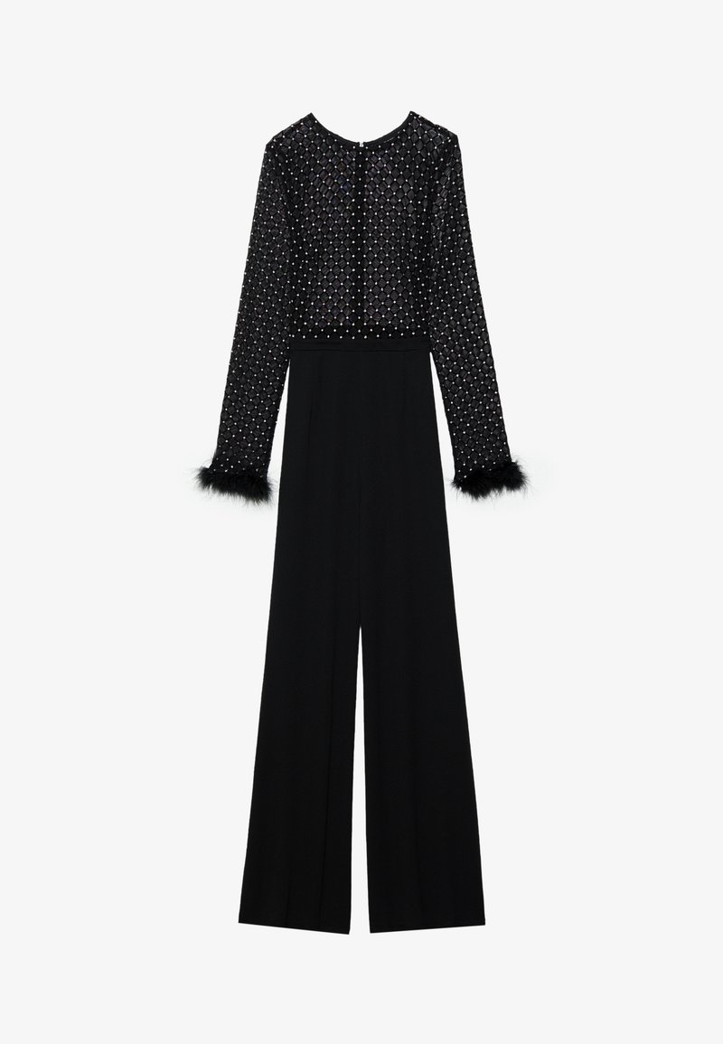 Schwarzer Jumpsuit mit langen Ärmeln, verziertem Oberteil mit Kristallen und Federakzenten an den Manschetten. Weit geschnittenes Design, schlanke Silhouette.
