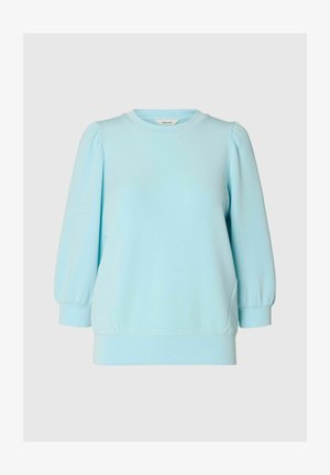 Lyseblå pullover sweatshirt med rund halsudskæring og puffede ærmer. Glat stof med blød tekstur og en afslappet pasform. Side lommer inkluderet.