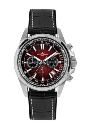 Silberne Chronographenuhr mit schwarzem Lederarmband, rotem Zifferblatt, zwei Hilfszifferblättern, Datumsfenster sowie weißen Stundenmarkierungen und Zeigern.