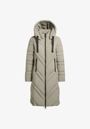 Abrigo acolchado en color beige claro con un patrón de chevrón, capucha y cierre de cremallera. Cuenta con dos bolsillos laterales con cremallera y correas ajustables.