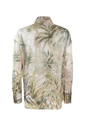 Halenka s dlouhým rukávem z lehké tkaniny s tropickým designem palmového listu v zelených a béžových tónech, klasickým límcem a manžetami na knoflíky.