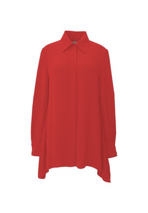 Chemise rouge à manches longues, design col, fabriquée en tissu lisse, avec une patte de boutonnage droite et un ourlet légèrement évasé.