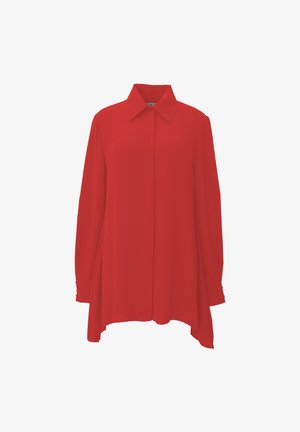 Chemise rouge à manches longues, design col, fabriquée en tissu lisse, avec une patte de boutonnage droite et un ourlet légèrement évasé.