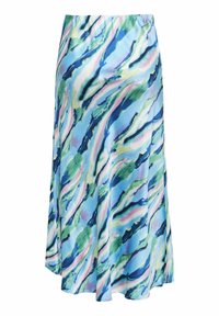 Virtaava midi-hame silkkimaisesta kankaasta, jossa on sininen, vihreä ja vaaleanpunainen abstrakti kuvio. Hameessa on mukava elastinen vyötärö.