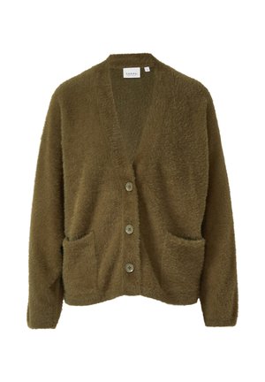 Sweter w kolorze oliwkowej zieleni wykonany z miękkiego, fakturowanego materiału. Posiada dekolt w serek, przednie kieszenie oraz pięć okrągłych guzików z przodu.